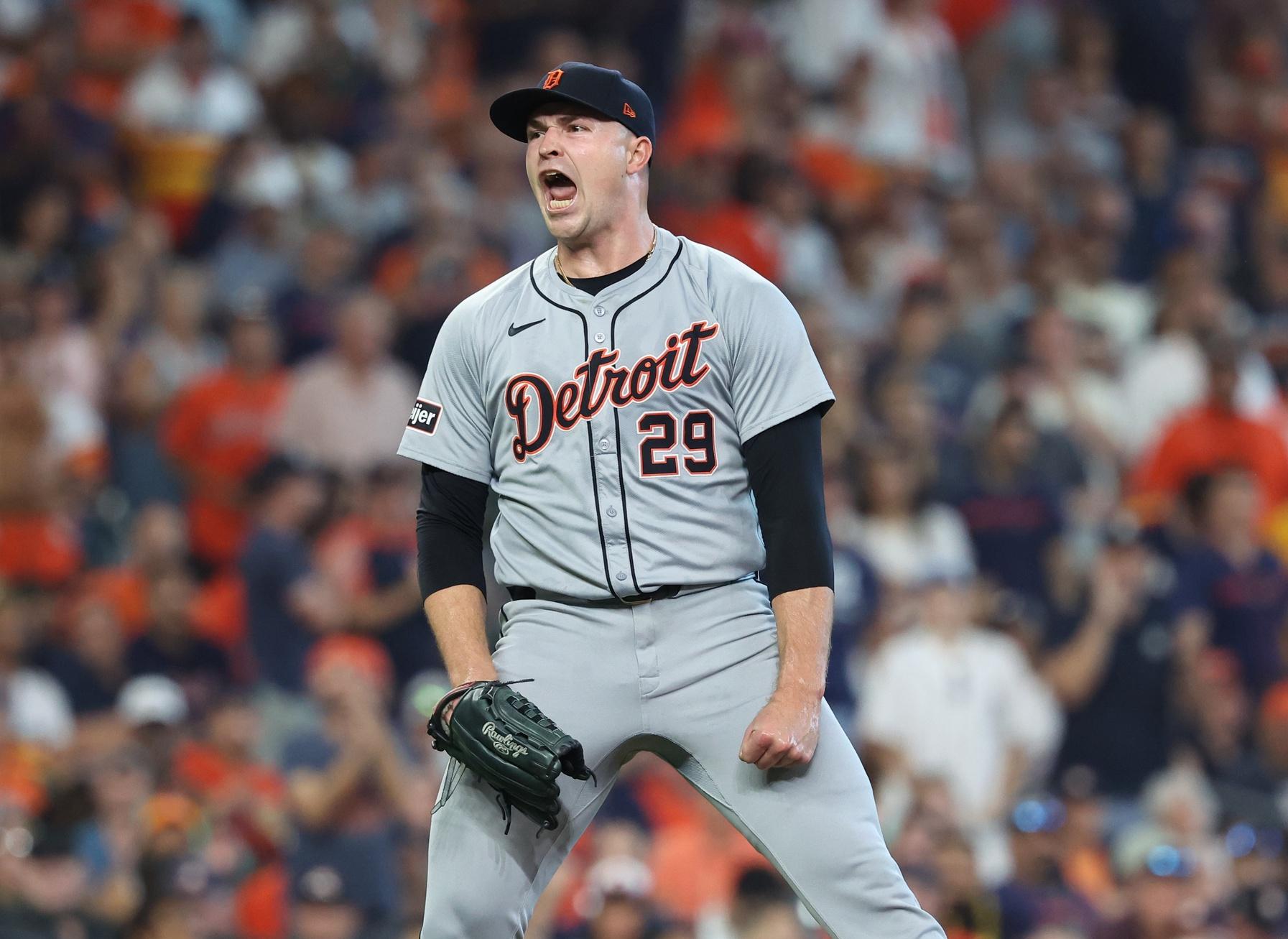 Detroit Tigers pitcher Tarik Skubal (29) reacts after a strikeout against the Houston Astros in the sixth inning in game one of the Wild Card round for the 2024 MLB Playoffs at Minute Maid Park.